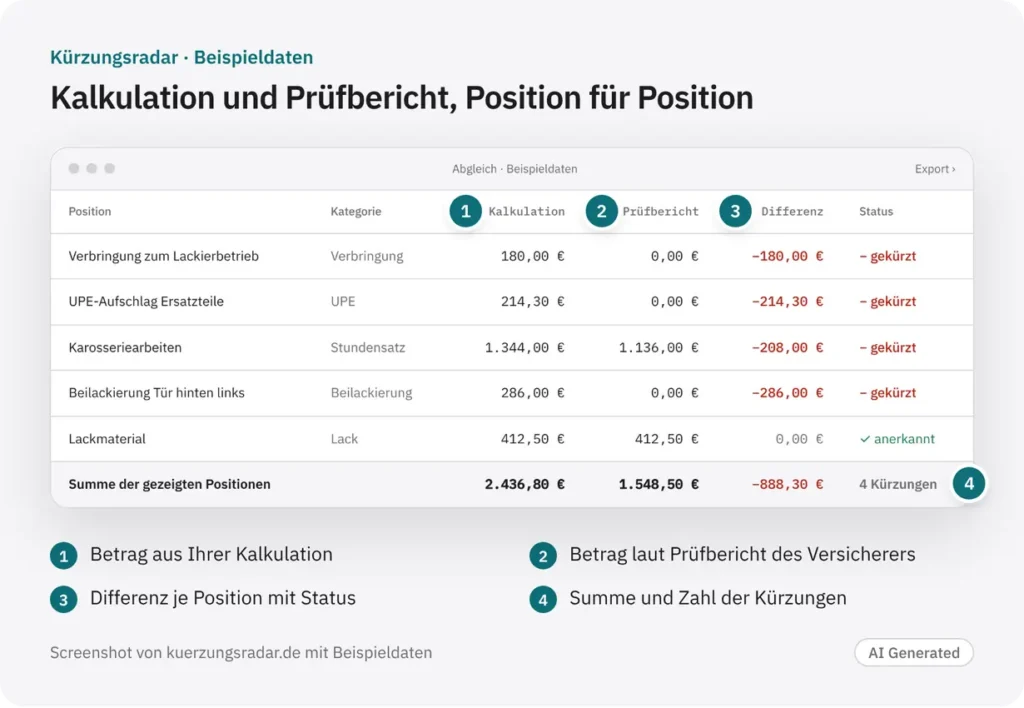 Abgleich von Kalkulation und Prüfbericht mit Beispieldaten: je Position Betrag laut Kalkulation, Betrag laut Prüfbericht, Differenz und Status, unten die Summe von vier Kürzungen